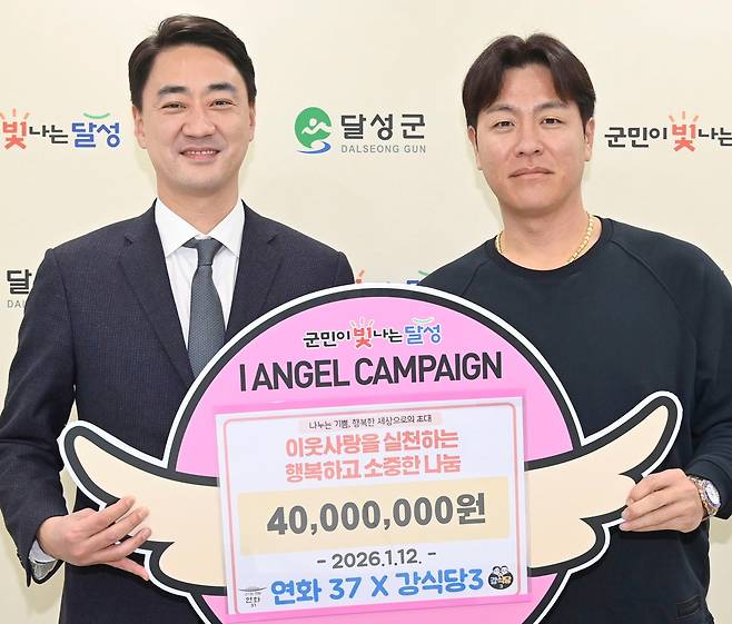 13일 대구 달성군청에서 강민호 삼성라이온즈 선수(오른쪽)가 최재훈 달성군수에게 기부금을 전달하고 있다. 달성군 제공