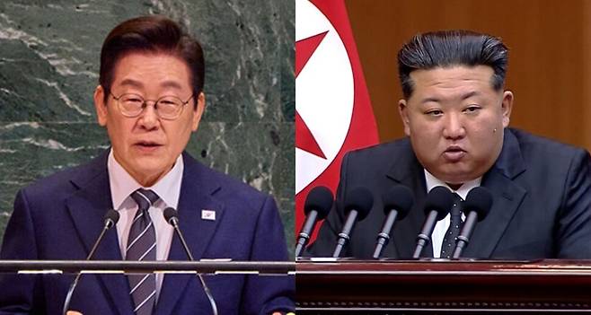 이재명 대통령(왼쪽)이 지난해 미국 뉴욕 유엔본부 총회장에서 기조연설을 하고 있다. 오른쪽 사진은 김정은 북한 조선노동당 총비서 겸 국무위원장이 평양 만수대의사당에서 열린 최고인민회의에서 연설하는 모습. 연합뉴스
