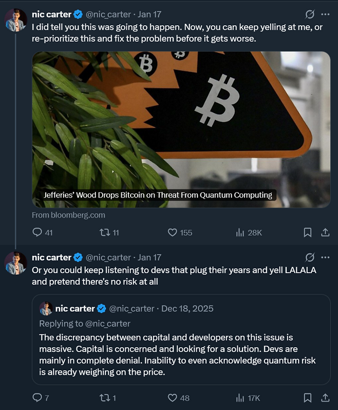 유명 가상자산 투자자 닉 카터는 비트코인 개발자들이 양자컴퓨터 리스크를 애써 무시하고 있다며, “자본은 우려하고 있는데 개발자들은 귀를 막고 노래만 부른다(LALALA)”고 강력히 비판했다. [출처=엑스(X)]