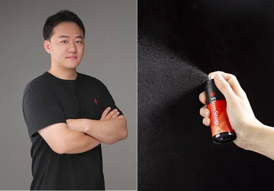 김성환 이노파마 대표(사진 왼쪽) 및 스프레이형 국소지혈용품 '플로스탑'/사진제공=이노파마