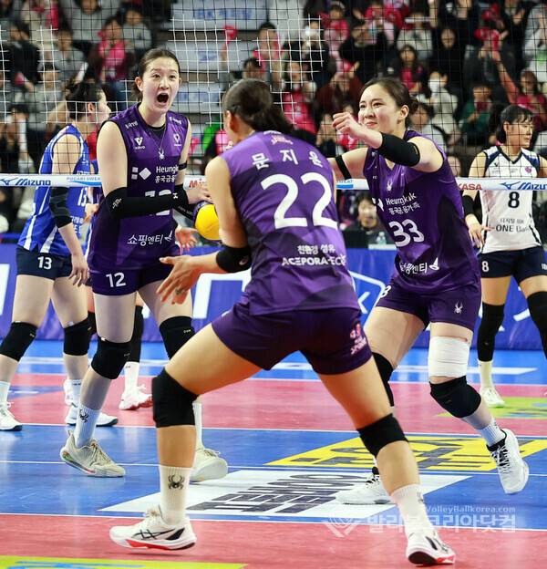 【발리볼코리아닷컴(화성)=김경수 기자】18일(일) 경기도 화성시 화성종합경기타운 실내체육관에서 열린 프로배구 진에어 2025-2026 V리그 여자부 4라운드 IBK기업은행vs흥국생명 화성경기에서 흥국생명 문지윤이 서브에이스하자 이다현과 이나연이 함께 기뻐하고 있다. 2026.1.19.