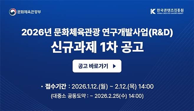 '2026년 문화체육관광 연구개발 사업' [한국콘텐츠진흥원 제공. 재판매 및 DB 금지]