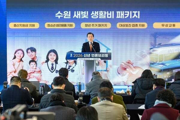 이재준 수원시장이 신년 브리핑에서 새빛 생활비 패키지에 대해 설명하고 있다.