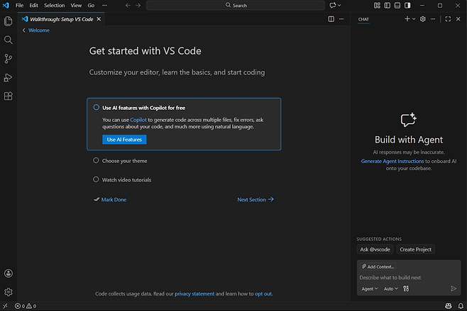코드 에디터 VS Code 설치를 마치자 코파일럿 AI를 쓸 것인지 묻는 질문이 나왔다.