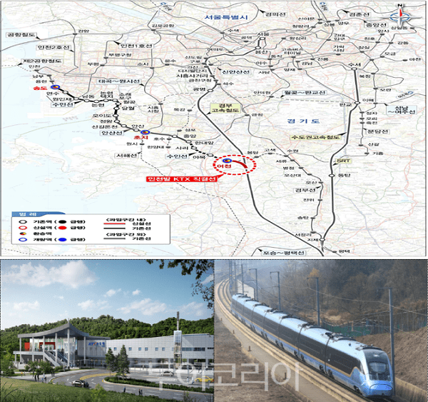 인천발 KTX 노선도(위), 송도역사 조감도 등(아래)
