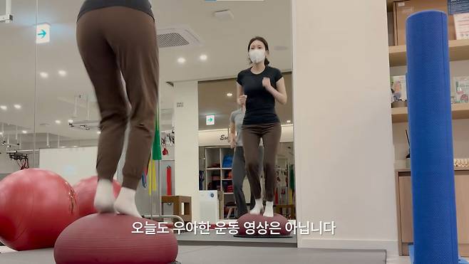 이해리(40)가 밸런스볼과 짐볼을 활용해 운동하는 모습을 공개했다./사진=유튜브'이해리해리'캡처