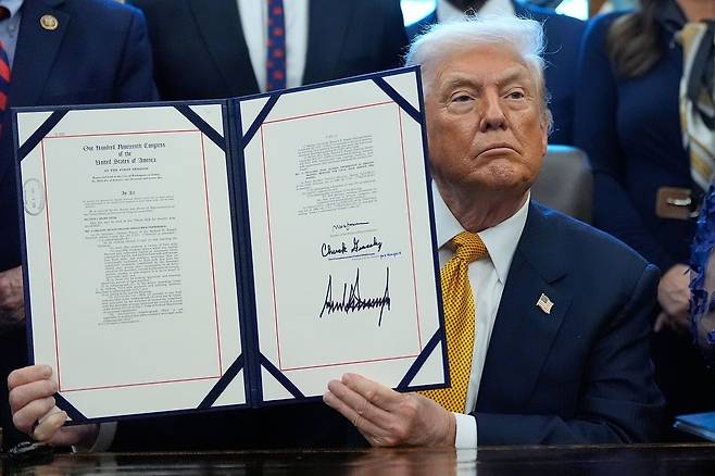 도널드 트럼프 미국 대통령이 지난 14일(현지시간) 백악관에서 관세 관련 행정명령에 서명한 뒤 이를 들어 보이고 있다. AP=연합뉴스