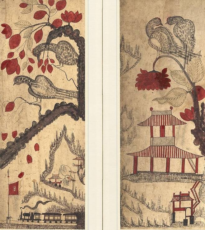 화조산수도(花鳥山水圖) 8폭 병풍의 가운데 두 폭. 아래 기차가 지나간다. 1899년 경인선 개통 이후의 그림으로 추정된다. 사진 갤러리현대