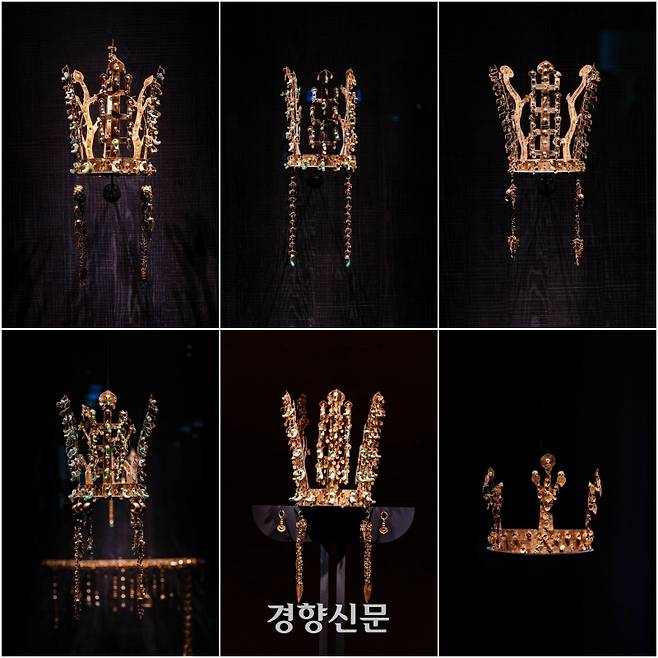경북 경주에서 1921년 금관총 발굴 이후 처음으로 신라 금관 6점이 한 자리에 모이는 ‘신라 금관, 권력과 위신’ 특별전에 전시된 신라 금관. 이준헌 기자