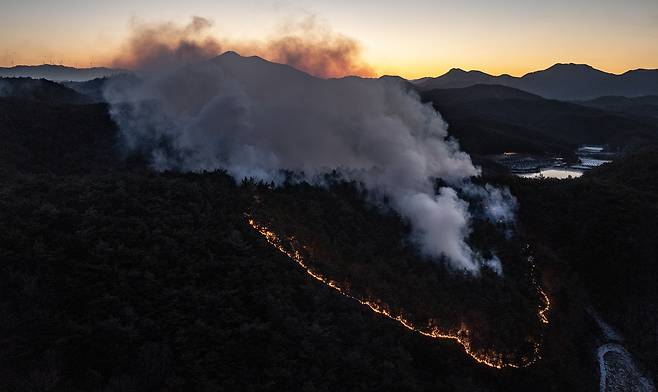 Embers from a wildfire that started the previous day continue to burn on a wooded hillside in Uiseong-eup, North Gyeongsang, on Jan. 11. [YONHAP]