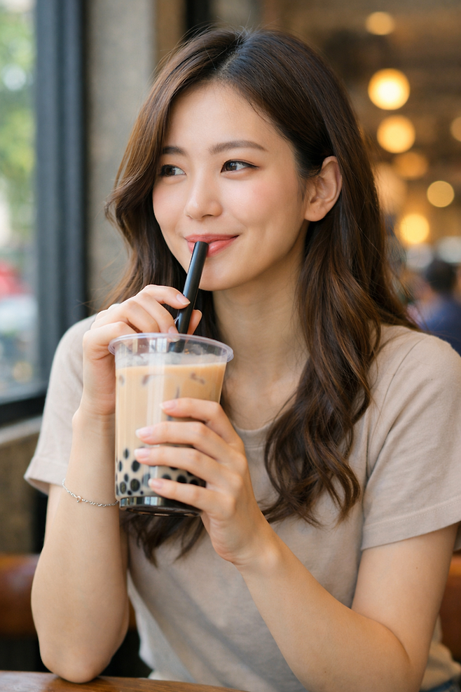 AI로 구현한 버블티를 마시는 20대 여성 이미지. [Chat gpt]