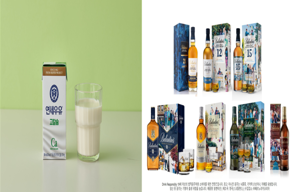연세유업 연세우유 고칼슘(왼쪽)과 페르노리카 코리아 위스키 선물세트./사진=각 사 제공