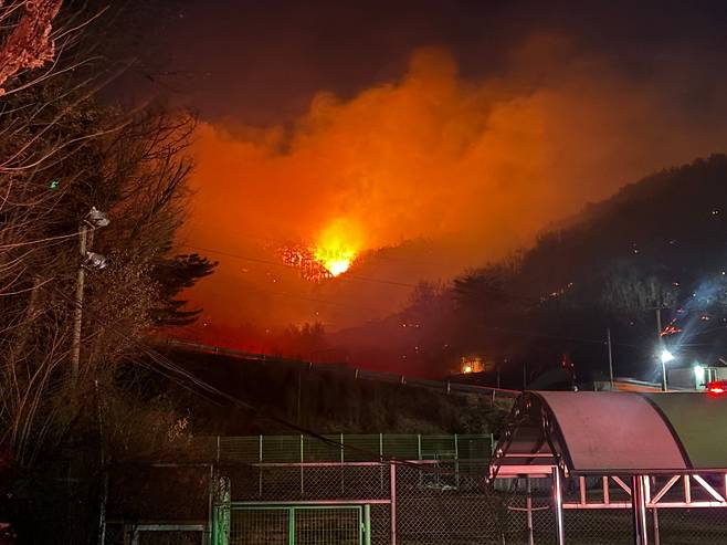 21일 오후 전남 광양 옥곡면 백운산 자락서 난 산불이 야간까지 이어지면서 소방당국이 대응 2단계를 발령하고 진화에 총력을 다하고 있다./뉴스1