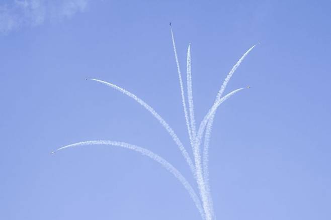 공군 특수비행팀 블랙이글스가 에어쇼에서 무궁화 꽃잎을 형상화한 무궁화 기동을 선보이고 있다. 공군 제공
