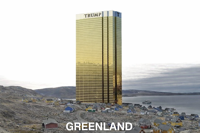 도널드 트럼프 미국 대통령의 2019년 8월19일(현지시간) 트럼프 호텔과 그린란드 풍경을 합성한 사진을 트위터(현 엑스)에 올렸다. 경향신문 자료사진