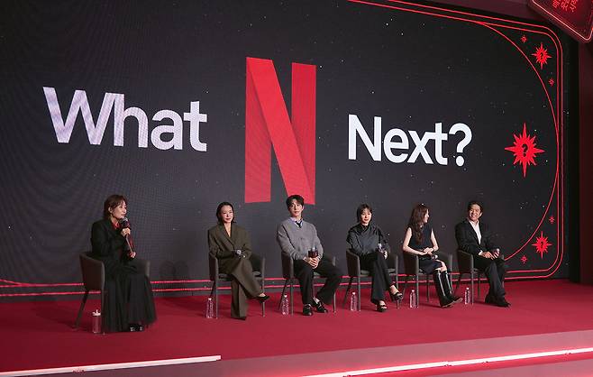 Participants at the "Next on Netflix 2026 Korea" event are seen on stage at Conrad Seoul in Yeouido, western Seoul, on Jan. 21. Second from left to right, actors Jeon Do-yeon, Nam Joo-hyuk, Son Ye-jin, Park Eun-bin and chef Anh Sung-jae [NETFLIX]