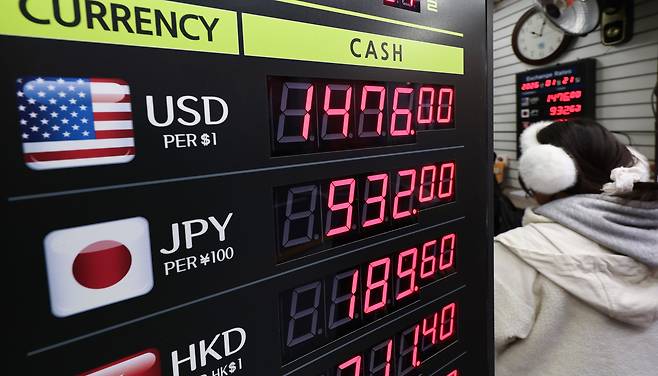 The exchange rates for different currencies against the won are displayed at a currency exchange in Myeongdong, central Seoul, on Jan. 21. [NEWS1]