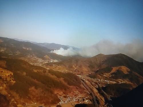 21일 전남 광양시 옥곡면에서 발생한 산불이 바람을 타고 확산하면서 소방 당국이 대응 2단계를 발령하고 진화 작업을 벌이고 있다. 전남소방본부 제공