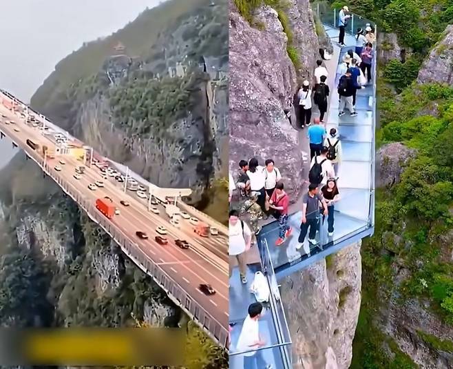 ‘설악산 유리 다리’라는 제목으로 유튜브 등에 확산하고 있는 영상. 인공지능(AI)으로 만든 것으로 추정되며, 설악산국립공원 측은 ‘가짜뉴스’라며 주의를 당부했다. 자료 : 유튜브