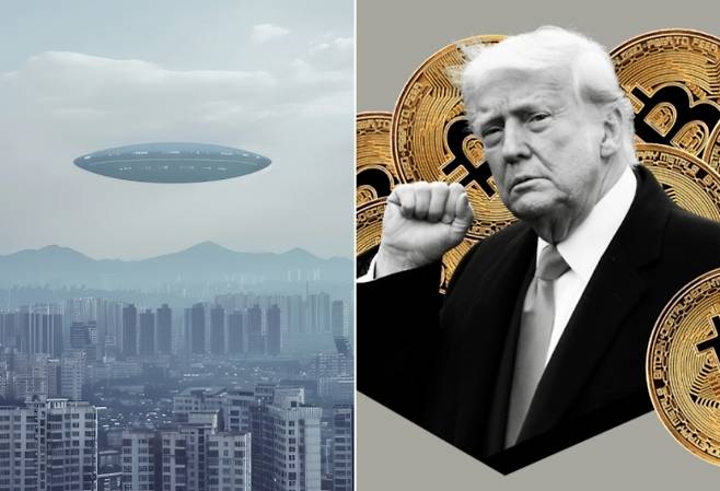 왼쪽은 UFO 상상도, 오른쪽은 트럼프 미국 대통령 자료사진