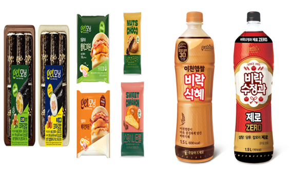 CU get모닝 시리즈 4종(왼쪽)과 팔도 이천햅쌀 비락식혜 1.5L·비락수정과 제로./사진=각 사 제공