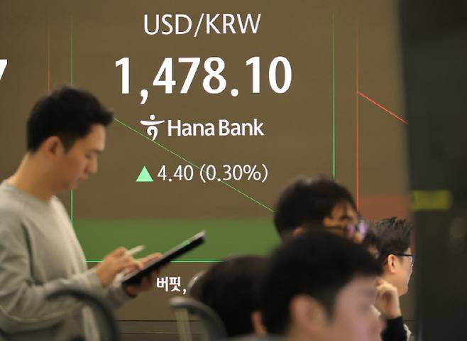 지난 1월 14일 서울 중구 하나은행 본점 딜링룸에서 직원이 증시와 환율을 모니터하고 있다. 이날 원/달러 환율은 일본 엔화 약세 속에 열흘째 상승세를 지속하며 1,480원에 바짝 다가섰다. 서울 외환시장에서 미국 달러화 대비 원화 환율은 오전 9시5분 현재 전날 주간 거래 종가(오후 3시30분 기준)보다 4.6원 오른 1,478.3원이다. (사진=연합뉴스)