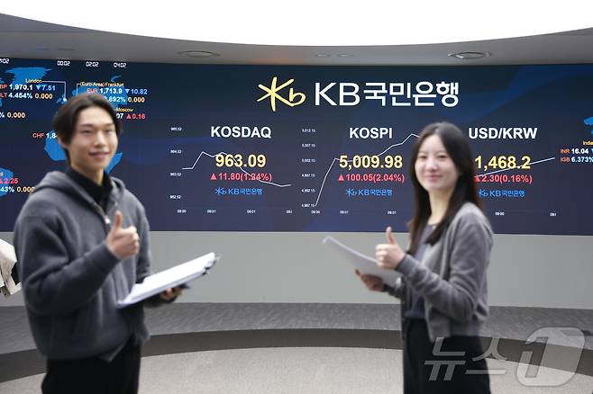 22일 오전 서울 영등포구 KB국민은행 딜링룸 전광판에 코스피지수가 장중 5000을 돌파하고 있다. (KB국민은행 제공. 재판매 및 DB 금지) 2026.1.22/뉴스1