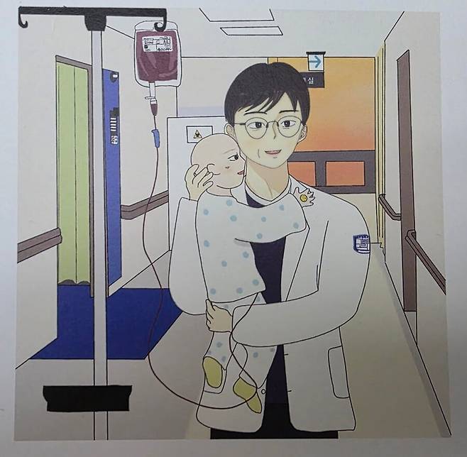 백혈병을 앓았던 이관우군이 미술치료를 받으며 그린 ‘따뜻한 손길’이라는 제목의 그림. 관우는 “의사 선생님의 따뜻한 손길에 의지하는 어린 환아의 모습을 그렸다”고 설명했다. 이관우 제공