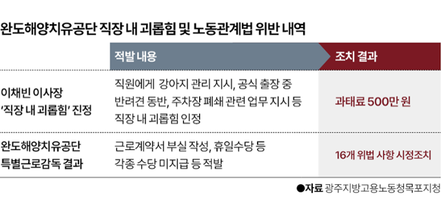 완도해양치유공단에서 발생한 직장 내 괴롭힘 현황과 노동관계법 위반 사항. 그래픽=박종범 기자