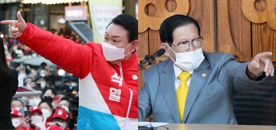 윤석열 국민의힘 대선후보가 지난 15일 오후 부산 서면 젊음의거리에서 열린 거점 유세에서 지지자들에게 '손총알'을 쏘며 지지를 호소하고 있다(왼쪽). 지난 2020년 이만희 신천지예수교 증거장막성전(신천지) 총회장이 질문하는 기자를 지칭하는 모습. [사진공동취재단], 연합뉴스