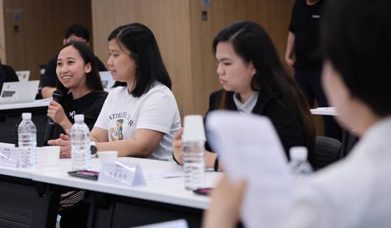 A Filipino caregiver shares her experience at KT&G Sangsang Planet in Seongdong District, eastern Seoul, on June 17, 2025. [NEWS1]