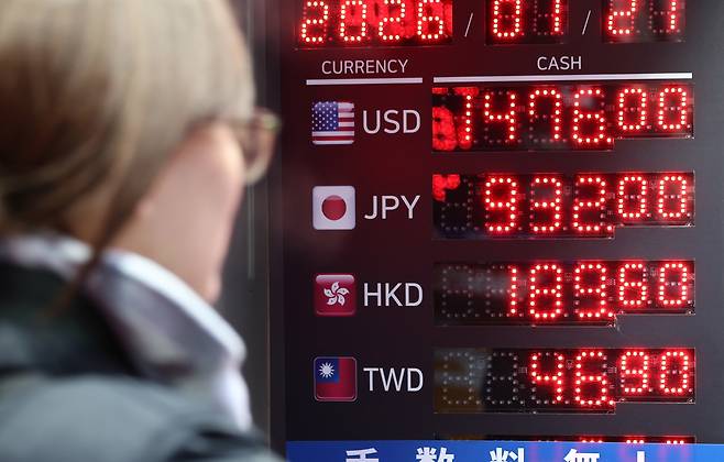 A screen at a currency exchange in Myeongdong, central Seoul, shows exchange rates on Jan. 21. [NEWS1]