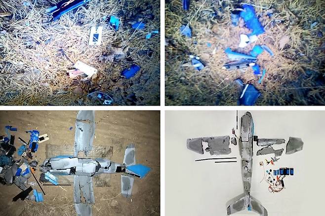 A collage of photographs of debris from a drone that the Rodong Sinmun claimed on Jan. 10 had originated from the Hadodori area of Songhae-myeon in Ganghwa County, Incheon, four days earlier. [NEWS1]