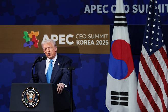 U.S. President Donald Trump speaks at the APEC CEO summit in Gyeongju, North Gyeongsang, on Oct. 29. 2025. [REUTERS/YONHAP]