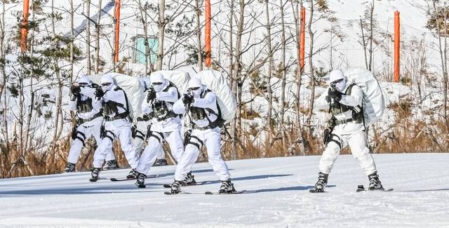 육군 특전사 장병들이 강원도 대관령 황병산에서 설한지 극복훈련 중 스키를 활용한 설상 기동훈련(전술스키)을 실시하고 있다. 육군 제공