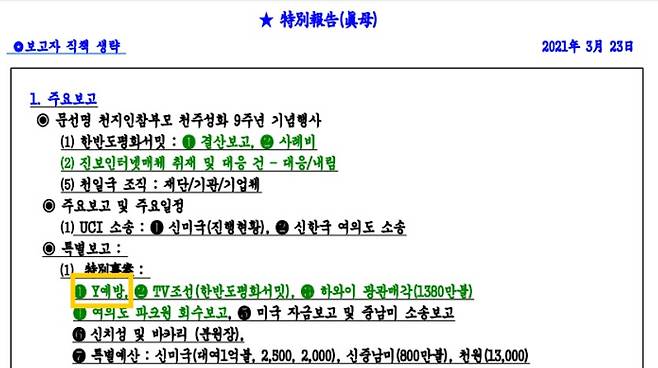 'TM 특별보고' 2021년 3월 23일 자 내용.&nbsp;‘Y예방’이라는 표현이 나오는데, 여기서 Y는 윤석열이다.&nbsp;