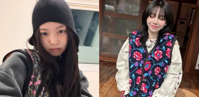 '김장 조끼' 열풍을 일으킨 블랙핑크 '제니'와 에스파 '카리나' [블랙핑크 제니, 에스파 카리나 인스타그램]