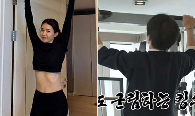 배우 채정안이 집에서 운동하는 모습을 공개했다. 오른쪽은 배우 최수종. 채정안 인스타그램·SBS ‘미우새’ 캡처