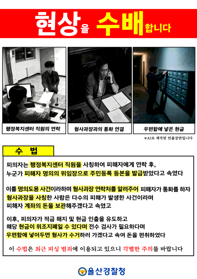 울산경찰청이 만든 행정복지센터 공무원 사칭 미끼전화 주의 포스터. 울산경찰청