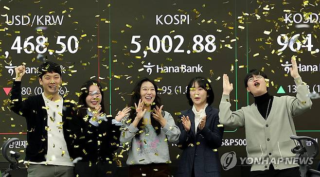 코스피, 장중 사상 첫 5,000선 돌파 (서울=연합뉴스) 이진욱 기자 =  코스피가 장중 5,000을 넘어선 가운데 22일 오전 서울 중구 하나은행 딜링룸에서 외환 딜러들이 세리머니를 펼치고 있다. 2026.1.22 cityboy@yna.co.kr
