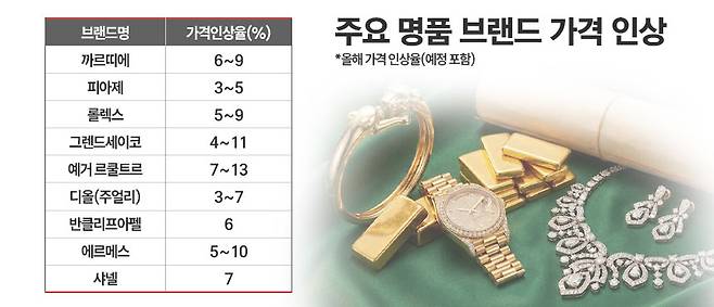 올해 주요 명품 브랜드 가격 인상률. / 표=정승아 디자이너