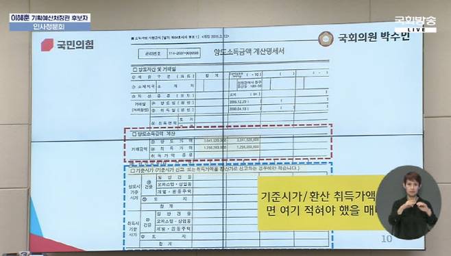 박수민 국민의힘 의원이 23일 국회 재정경제위원회 인사청문회에서 이혜훈 기획예산처 장관 후보자의 배우자의 영종도 부동산 관련 탈세 의혹을 제기하며 공개한 양도소득금액 계산명세서. (사진=국회방송 화면 갈무리)