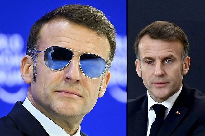 에마뉘엘 마크롱 프랑스 대통령이 지난 20일(현지시간) 스위스 세계경제포럼(WEF·다보스 포럼)에 참석하고 있다. 엘리제궁은 마크롱 대통령이 오른쪽 눈에 실핏줄이 터져(오른쪽 사진) 보호용으로 선글라스를 쓴 것이라고 설명했다. AFP=연합뉴스