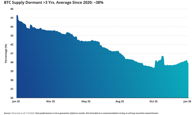 3년 이상 이동하지 않은 비트코인 공급량이 전체의 약 38% 수준을 유지하고 있다. 단기 등락에도 불구하고 장기 보유자(Long-term Holder)들의 매도 압력은 제한적인 것으로 분석된다. [자료=글래스노드, 반에크]