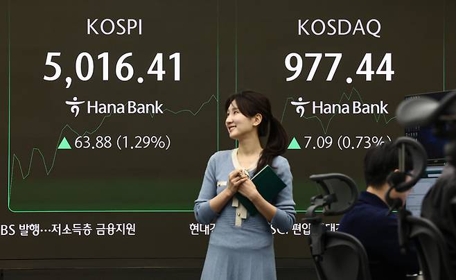 23일 서울 중구 하나은행 딜링룸 전광판에 시황이 표시되고 있다. 이날 코스피는 전 거래일 대비 31.55p(0.64%) 오른 4952.53, 코스닥은에 6.80p(0.70%) 상승한 977.15에 거래를 시작했다. [뉴스1]