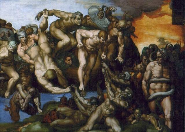 미켈란젤로 부오나로티, 최후의 심판(일부·화면 가장 오른쪽에 문제의 추기경을 모델로 뒀다고 알려진 지옥의 수문장 미누스가 있다.)