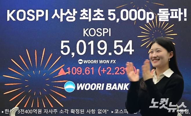 코스피가 꿈의 지수로 불렸던 '오천피'를 역사상 처음으로 돌파하며 코스피 5000 시대를 연 22일 오전 서울 중구 우리은행 딜링룸 현황판에 지수가 표시돼 있다. 류영주 기자