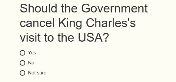 영국 신문 데일리익스프레스가&nbsp;자사 홈페이지에 신설한 설문조사 코너. 독자들에게 ‘영국 정부가 찰스 3세 국왕의 미국 방문을 취소해야 할까요’라는 질문을 던지고 있다.&nbsp;데일리익스프레스 홈페이지 캡처