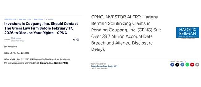 미국 로펌들이 쿠팡 투자자들을 대상으로 쿠팡에 대한 증권 집단소송을 제기하기 위한 공고를 내고 있다. / 사진 = 각 로펌 공고 화면 갈무리
