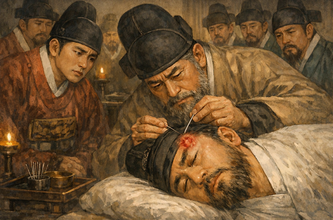 효종때 침의(鍼醫) 신가귀는 수전증이 있었다. 그는 효종에게 종기를 째는 침을 놓은 후 출혈이 멎지 않아 효종은 결국 사망하게 되었고, 신가귀 또한 교형에 처해졌다. 챗GPT에 의한 AI생성 이미지.